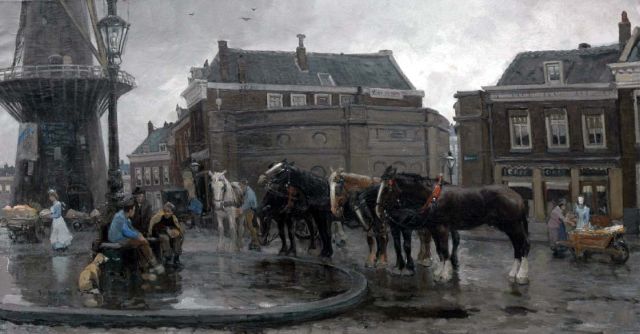 August van Voorden | Het Oostplein met de molen De Noord, Rotterdam, olieverf op doek, 75,3 x 140,8 cm, gesigneerd l.o. en gedateerd 1905