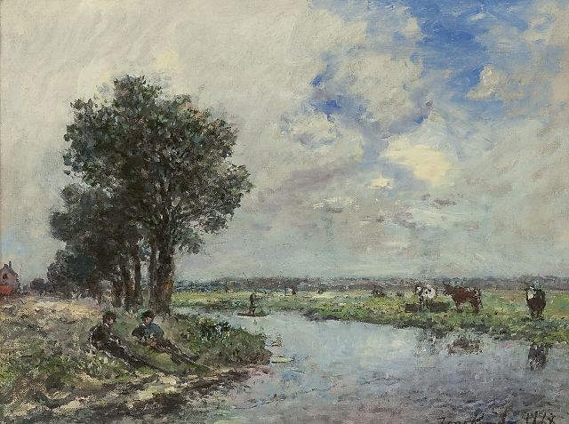 Johan Barthold Jongkind | Langs de rivier, mogelijk de Dinkel nabij Lattrop, olieverf op doek, 24,6 x 32,5 cm, gesigneerd r.o. en gedateerd 1868