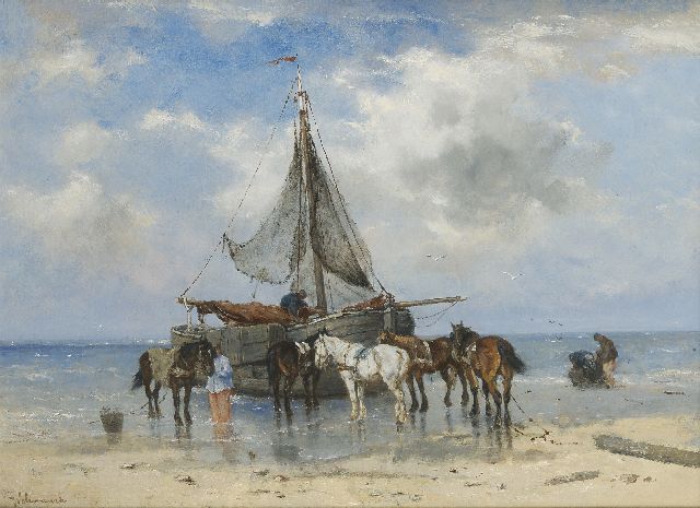Johan Frederik Cornelis Scherrewitz | Bomschuit met paarden op het strand, olieverf op doek, 45,0 x 60,2 cm, gesigneerd l.o.