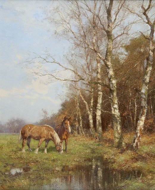 Jan Holtrup | Werkpaarden in weidelandschap te Groesbeek, olieverf op doek, 60,1 x 50,2 cm, gesigneerd l.o.