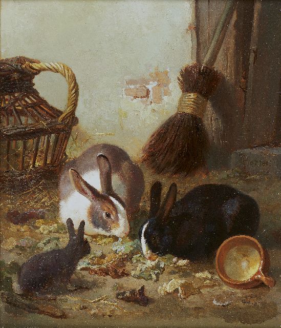 Gerardus Johannes Bos | Konijnen aan de maaltijd, olieverf op paneel, 20,8 x 17,6 cm, gesigneerd r.m. en gedateerd 1866
