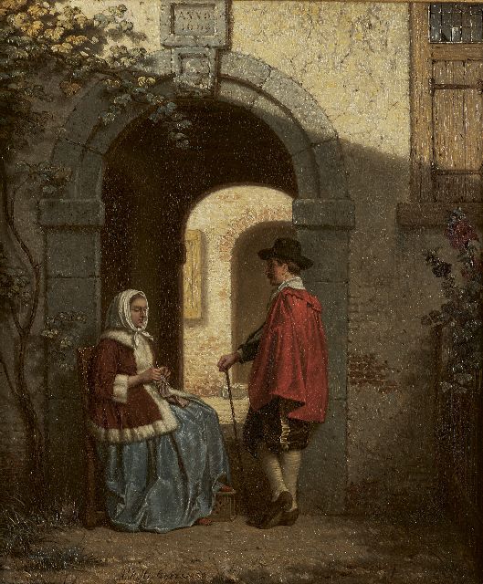 Antoon François Heijligers | Praatje in de poort, olieverf op paneel, 22,2 x 18,7 cm, gesigneerd l.v.h.m. en gedateerd 1859