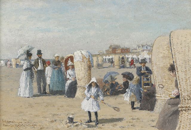 Heinrich Rasch | Op het strand van Scheveningen, olieverf op schildersboard, 19,0 x 27,3 cm, gesigneerd l.o. en gedateerd 1891