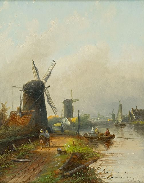 Jacob Jan Coenraad Spohler | Riviergezicht met molens, in de zomer, olieverf op paneel, 20,4 x 16,0 cm, gesigneerd r.o. met initialen