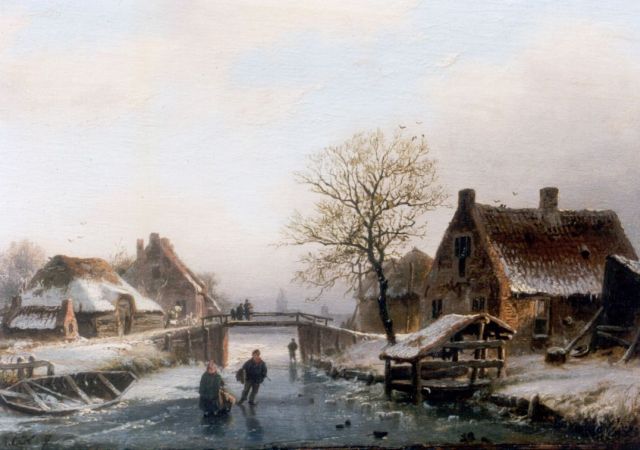 Barend Cornelis Koekkoek | Boerderijen aan een bevroren vaart, olieverf op paneel, 14,0 x 19,1 cm, gesigneerd l.o. met monogram