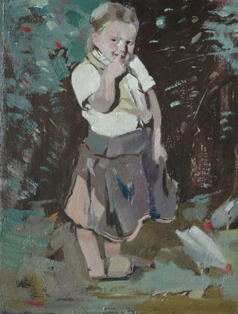 Karel Wiggers | Meisje met kip, olieverf op board, 30,3 x 23,9 cm