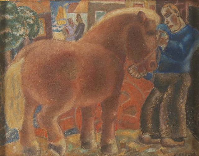 Gestel L.  | Paard inspannen, Vlaanderen, pastel op papier 25,8 x 32,8 cm, gesigneerd r.o. en gedateerd '28