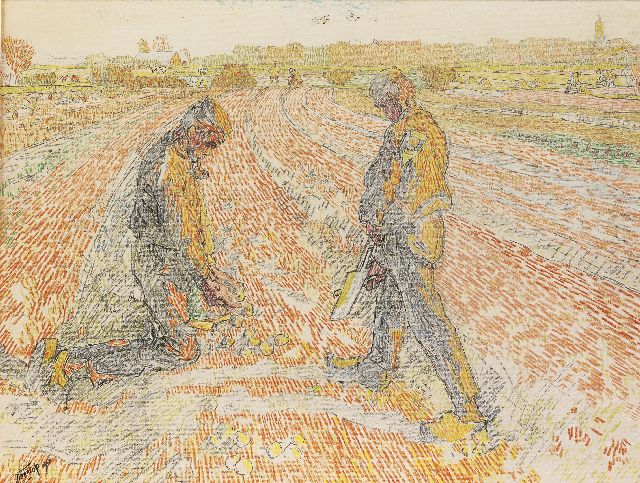 Jan Toorop | Aardappels rapen, potlood en gekleurd krijt op papier, 47,9 x 62,2 cm, gesigneerd l.o. en gedateerd 1907