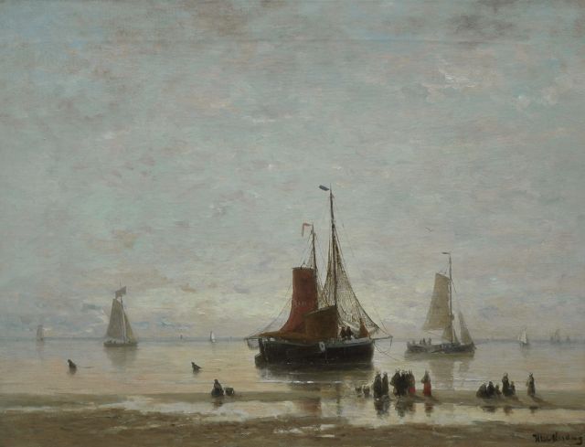 Mesdag H.W.  | Vissersschepen voor de kust bij zonsondergang, olieverf op doek 60,5 x 80,7 cm, gesigneerd r.o.