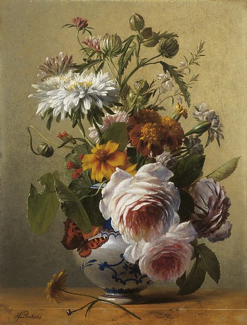 Hendrik Reekers sr. | Bloemstilleven met rozen, afrikanen en chrysanten, olieverf op paneel, 31,9 x 24,4 cm, gesigneerd l.o.