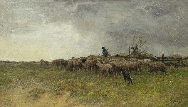 Anton Mauve | Herder met zijn kudde, olieverf op doek, 38,6 x 66,5 cm, gesigneerd r.o.