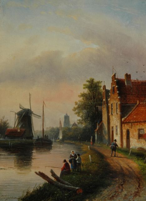 Jacob Jan Coenraad Spohler | Riviergezicht met zeilschepen en molen, olieverf op paneel, 22,1 x 16,5 cm, gesigneerd l.o.