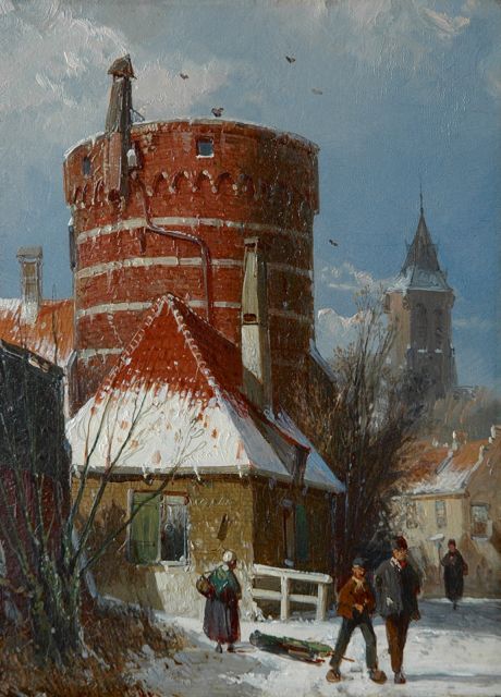 Koekkoek W.  | Hollands straatje met een oude vestingtoren, in de sneeuw, olieverf op paneel 24,3 x 17,9 cm, te dateren 1862-1865