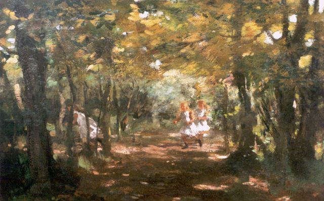 Willem Bastiaan Tholen | Krijgertje spelen in het bos, olieverf op doek, 50,5 x 74,5 cm, gesigneerd r.o.