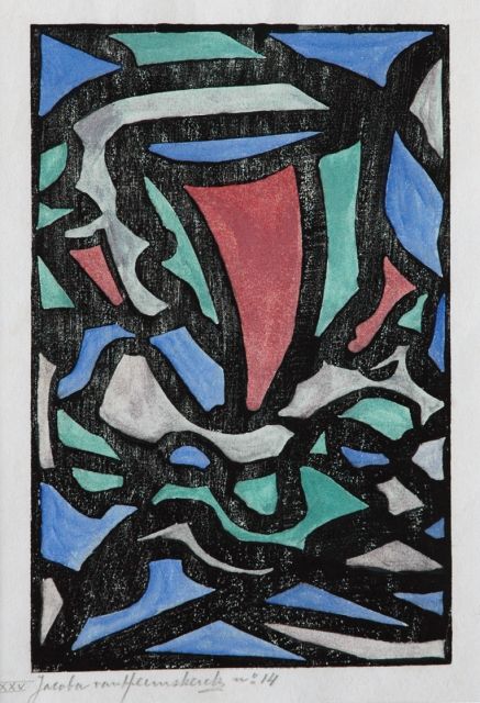 Jacoba van Heemskerck van Beest | Compositie XXV no. 14, ingekleurde houtsnede op papier, 24,8 x 16,2 cm, gesigneerd l.o. in potlood en te dateren ca. 1921