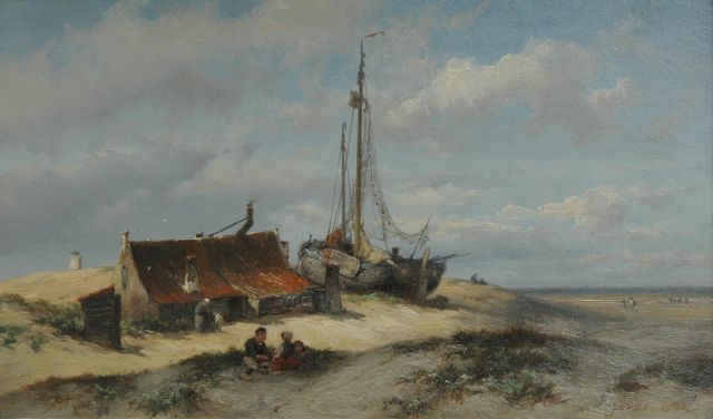 Jan H.B. Koekkoek | Kinderen bij vissershut in de duinen, olieverf op paneel, 24,2 x 41,0 cm, gesigneerd r.o.