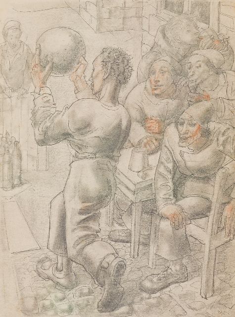 Willem Adriaan van Konijnenburg | Bowlen, potlood en gekleurd krijt op papier, 36,0 x 26,7 cm, gesigneerd r.o. met initialen
