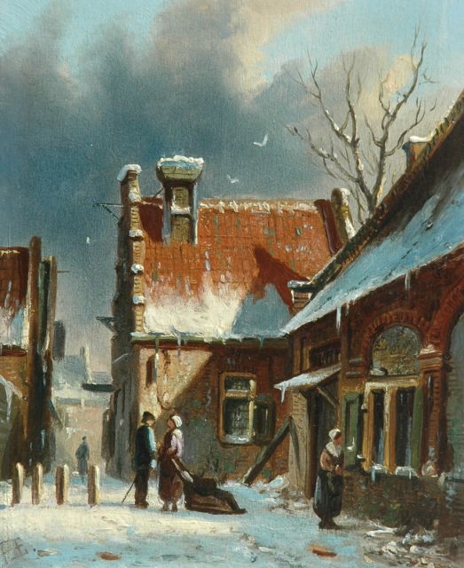 Adrianus Eversen | Winters straatje met figuren, olieverf op paneel, 20,0 x 15,8 cm, gesigneerd l.o. met monogram