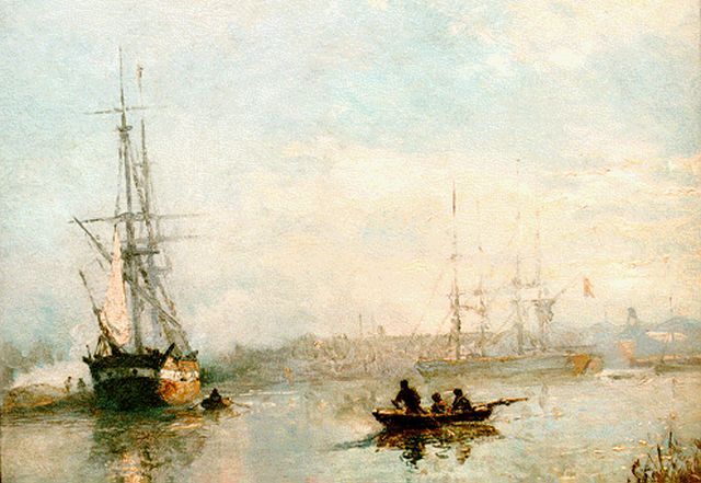Willem van Deventer | Zeilschepen op de rede bij Den Haag, olieverf op doek op paneel, 26,8 x 34,7 cm, gesigneerd r.o. initialen