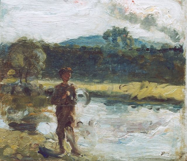 Maris J.H.  | Boer in zomers landschap met stoomtrein in de verte, olieverfschets op doek op paneel 22,7 x 25,7 cm
