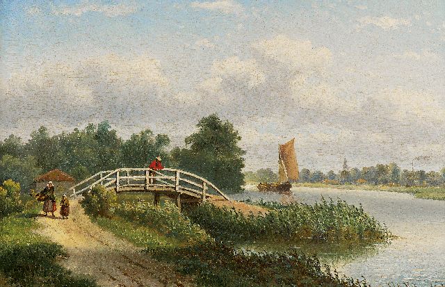 Johannes Jacobus Antonius Hilverdink | Zomerlandschap met figuren langs een rivier, olieverf op paneel, 24,6 x 36,0 cm, gesigneerd r.o.
