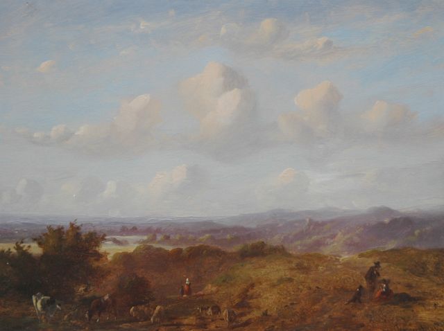 Johannes Tavenraat | Panoramisch landschap met herder en vee, olieverf op paneel, 22,0 x 29,7 cm, gesigneerd r.o. en gedateerd 1849