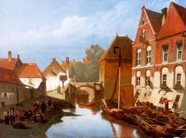 J. Berlin | Stadsgezicht met gracht en schepen, olieverf op paneel, 27,0 x 35,0 cm, gesigneerd l.vh.m.