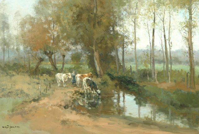 Willem George Frederik Jansen | Drinkende koeien bij een beek, olieverf op doek, 82,2 x 117,8 cm, gesigneerd l.o.