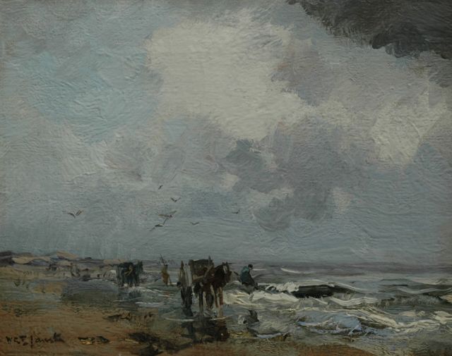 Willem George Frederik Jansen | Strandgezicht met schelpenvissers, olieverf op doek op paneel, 26,3 x 33,2 cm, gesigneerd l.o.