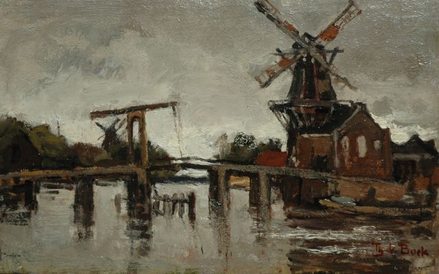 Théophile Emile Achille de Bock | Het Spaarne met de Catharijnebrug en molen De Adriaan in Haarlem, olieverf op doek op board, 23,1 x 36,2 cm, gesigneerd r.o.