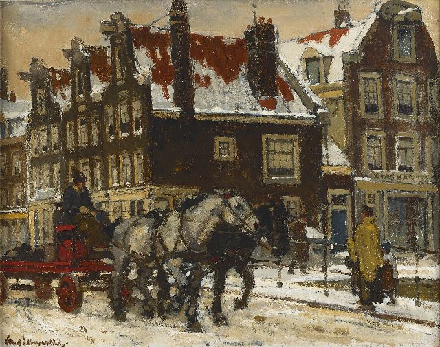 Frans Langeveld | Paard en wagen op een brug in winters Amsterdam, olieverf op doek, 37,8 x 47,5 cm, gesigneerd l.o.