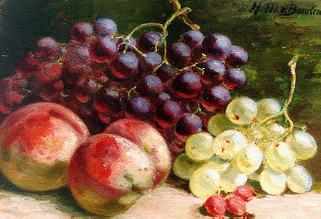 Borselen H.M. van | Perziken, blauwe en witte druiven, olieverf op paneel 21,2 x 30,0 cm, gesigneerd r.b.