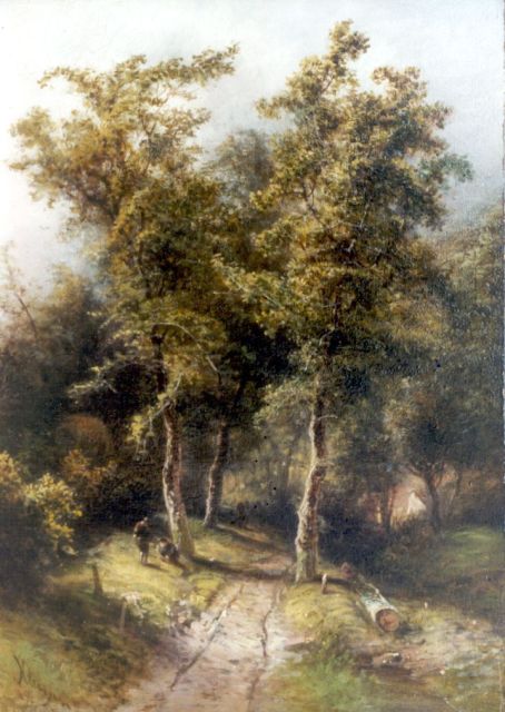 Pieter Kluyver | Figuren bij een bospad, olieverf op paneel, 34,8 x 24,8 cm, gesigneerd l.o.