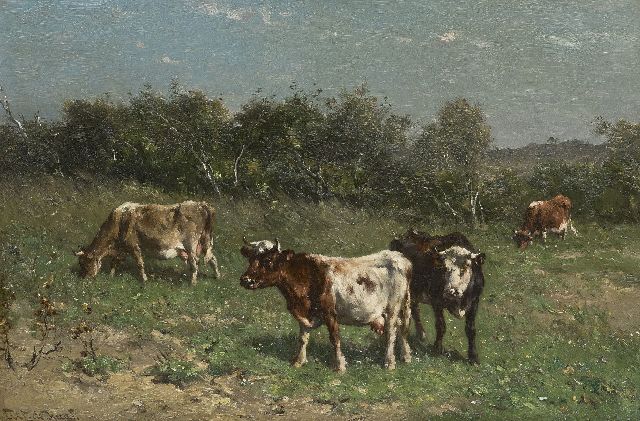 Haas J.H.L. de | Grazende koeien in duinlandschap, olieverf op papier op paneel 31,4 x 47,2 cm, gesigneerd l.o.