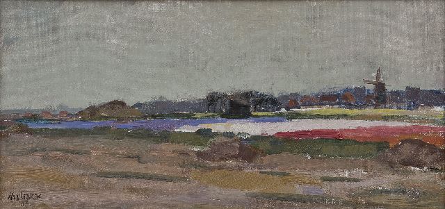 Han Grovers | Landschap met bollenvelden en molen, olieverf op doek op paneel, 23,3 x 48,8 cm, gesigneerd 'Han G(r)overs' l.o. en gedateerd '37