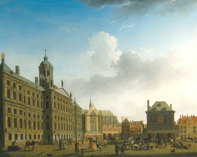 Isaac Ouwater | De Dam in Amsterdam met het Stadhuis en de Waag, olieverf op doek, 61,6 x 77,8 cm, gesigneerd r.o. en gedateerd 1782