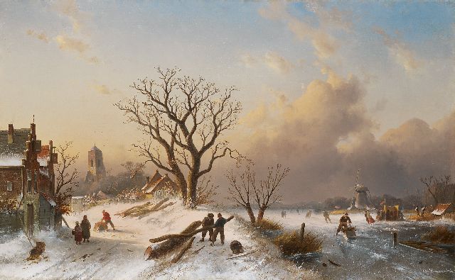 Charles Leickert | Hollands winterlandschap met schaatsers en houthakkers, olieverf op doek, 62,0 x 101,0 cm, gesigneerd r.o. en te dateren ca. 1860-1865