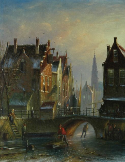 Johannes Franciscus Spohler | Figuren op een Hollandse gracht bij winter, olieverf op paneel, 20,5 x 16,0 cm, gesigneerd l.o.