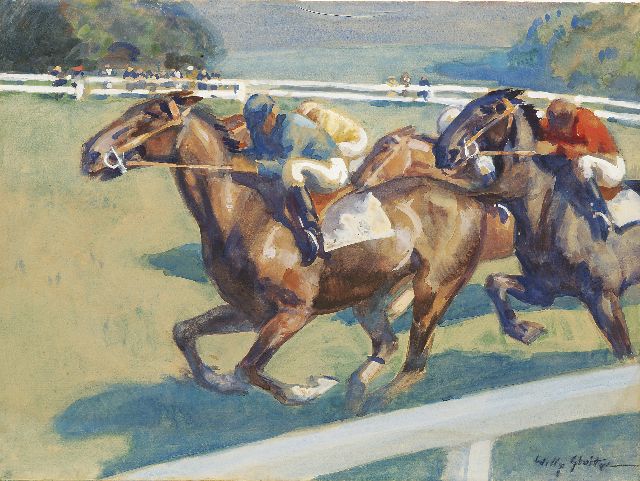 Willy Sluiter | De paardenrace, aquarel en gouache op papier, 48,4 x 64,7 cm, gesigneerd r.o.