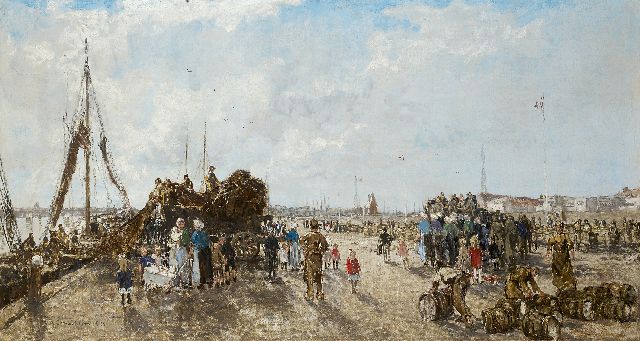 Johan Hendrik van Mastenbroek | Als de loggers binnenkomen, Scheveningen, olieverf op doek, 70,0 x 130,0 cm, gesigneerd l.o. en gedateerd 1937