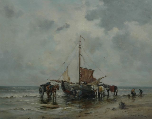 Dorus Artz | Een pink en vissersvolk op het strand, olieverf op doek, 40,7 x 51,0 cm, gesigneerd r.o.