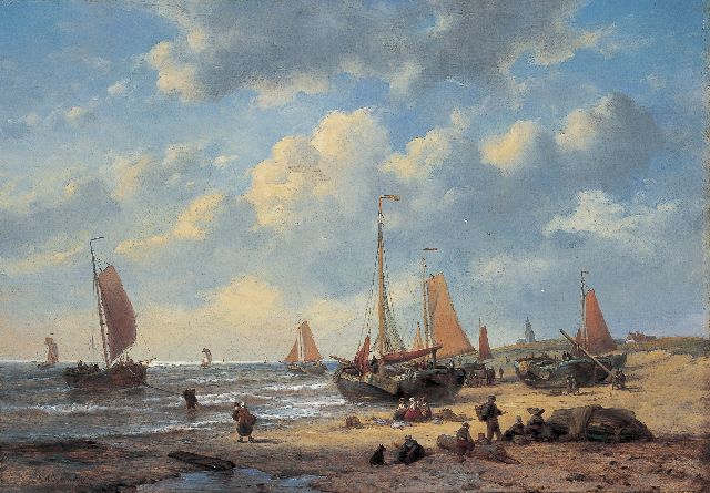 George Willem Opdenhoff | Bomschuiten op het strand van Scheveningen, olieverf op doek, 48,0 x 68,5 cm, gesigneerd l.o.