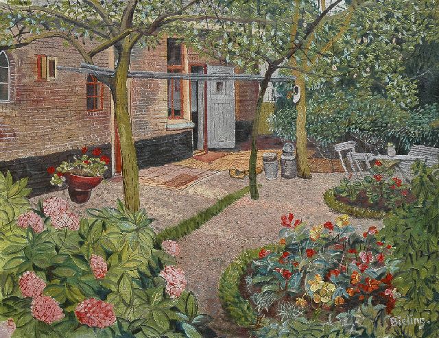 Herman Bieling | Zonnige achtertuin, olieverf op doek, 40,4 x 52,1 cm, gesigneerd r.o.