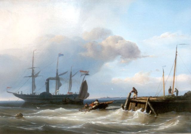 Nicolaas Riegen | Raderboot bij havenhoofd, olieverf op paneel, 28,8 x 41,2 cm, gesigneerd l.o.