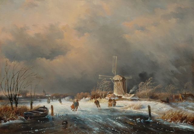 Charles Leickert | Schaatsers bij naderende sneeuwstorm, olieverf op paneel, 24,4 x 35,0 cm, gesigneerd l.o. en gedateerd '50