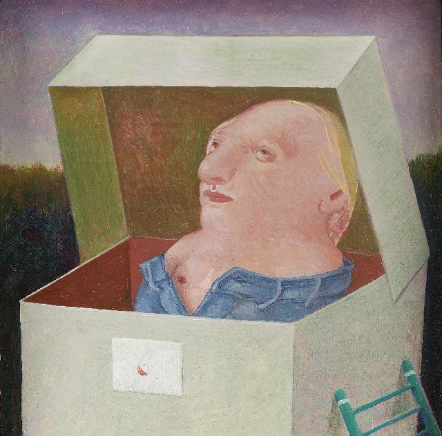 Peter van Poppel | Figuur in een doos, olieverf op papier op paneel, 10,0 x 10,0 cm, gesigneerd verso en verso gedateerd 1972