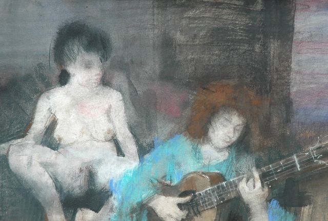 Goedhart J.A.  | Muzikant en naakte vrouw, pastel op papier 43,3 x 63,0 cm