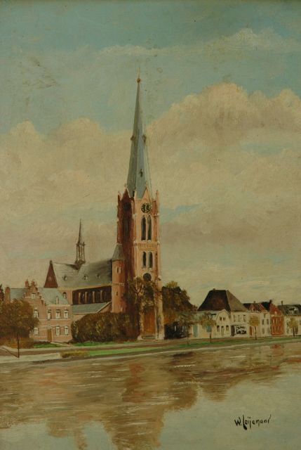 W. | Dorpskerk aan het water, olieverf op board, 38,5 x 26,5 cm