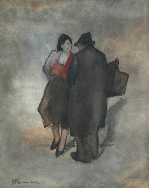 Jan Rijlaarsdam | Een gesprekje, zwart krijt en aquarel op papier, 44,3 x 34,5 cm, gesigneerd l.o.