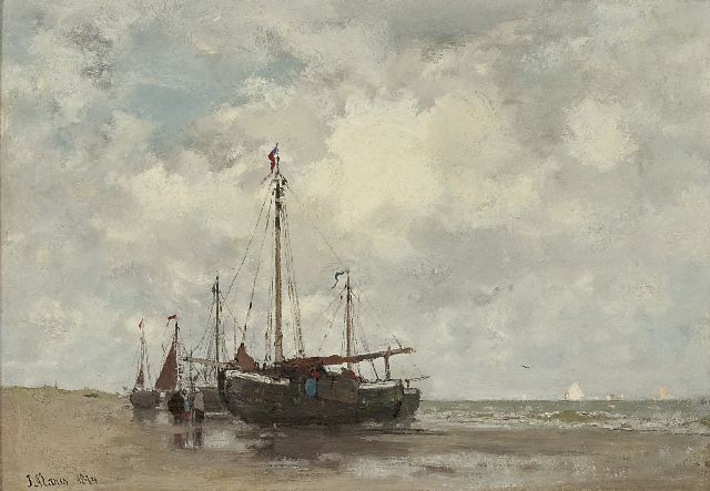 Jacob Maris | Pinken bij eb op het strand, olieverf op doek, 32,9 x 46,4 cm, gesigneerd l.o. en gedateerd 1874